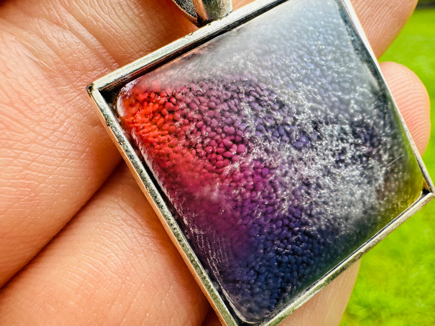 Square Blue and Purple Petri Cat Eye Resin Pendant on Silver Bezel with Long Silver Chain and Bezel