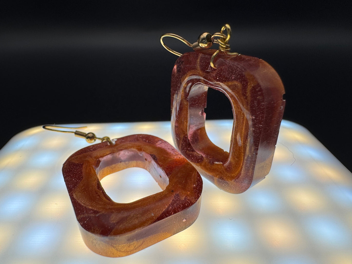 Square Translucent Purple and Metallic Gold Handmade Epoxy Resin Earrings with Gold Hooks