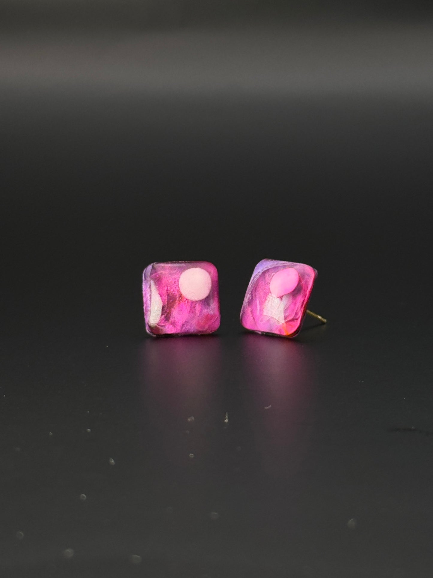 Small Pink White Spot Purple Rounded Square Petri Dish Stud Epoxy Resin Earrings with Gold Studs