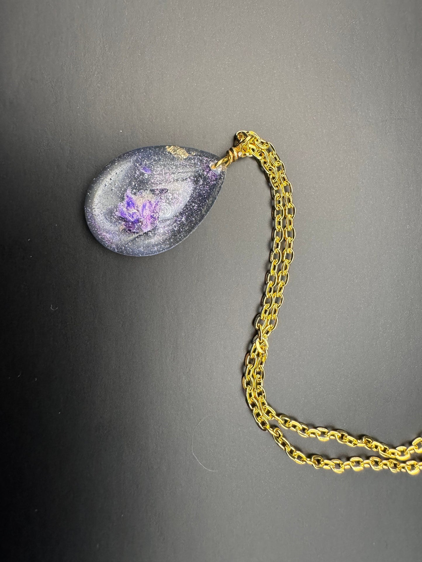 Clear Dried Purple Flowers with Gold Leaf Teardrop Epoxy Resin Long Gold Chain Pendant