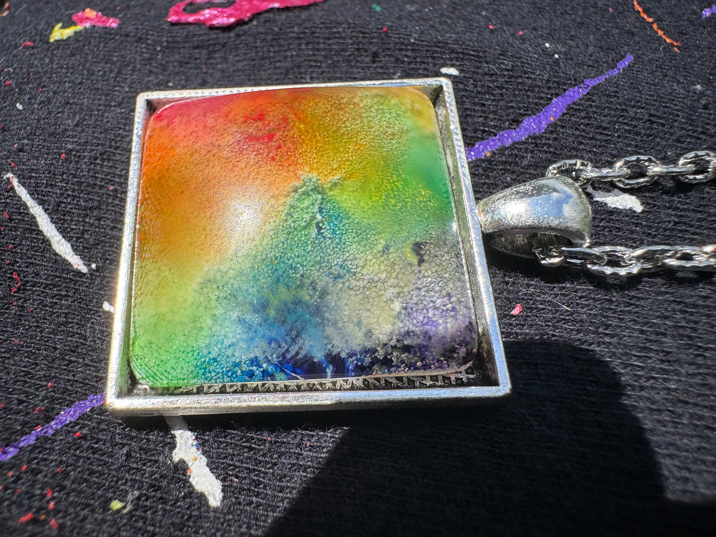 Square Rainbow Pride Petri Style Resin Pendant on Silver Bezel with Long Chain