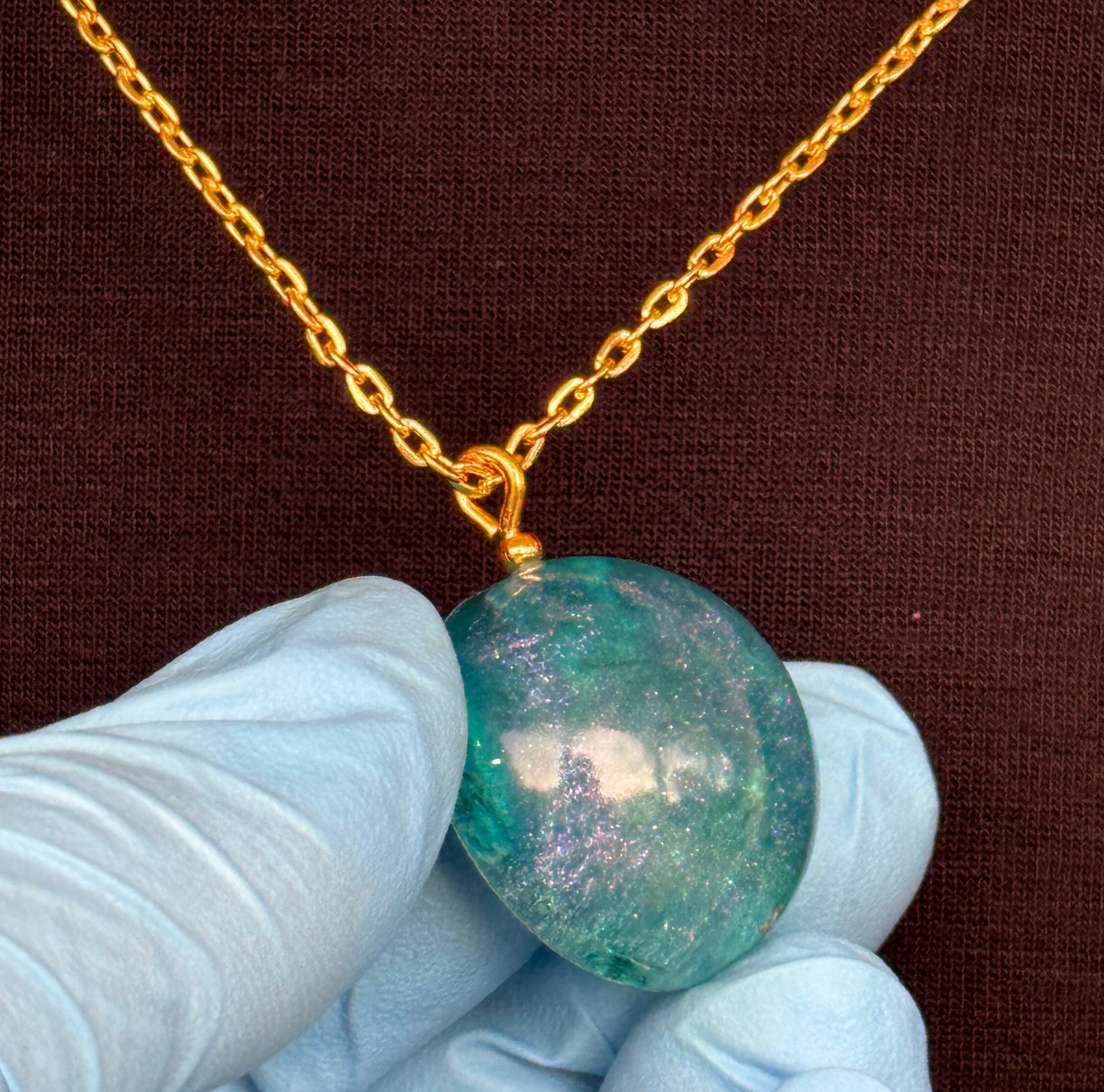 Blue Flower Purple Chameleon Flake and Gold Flake Half Sphere Pendant with Long Chain