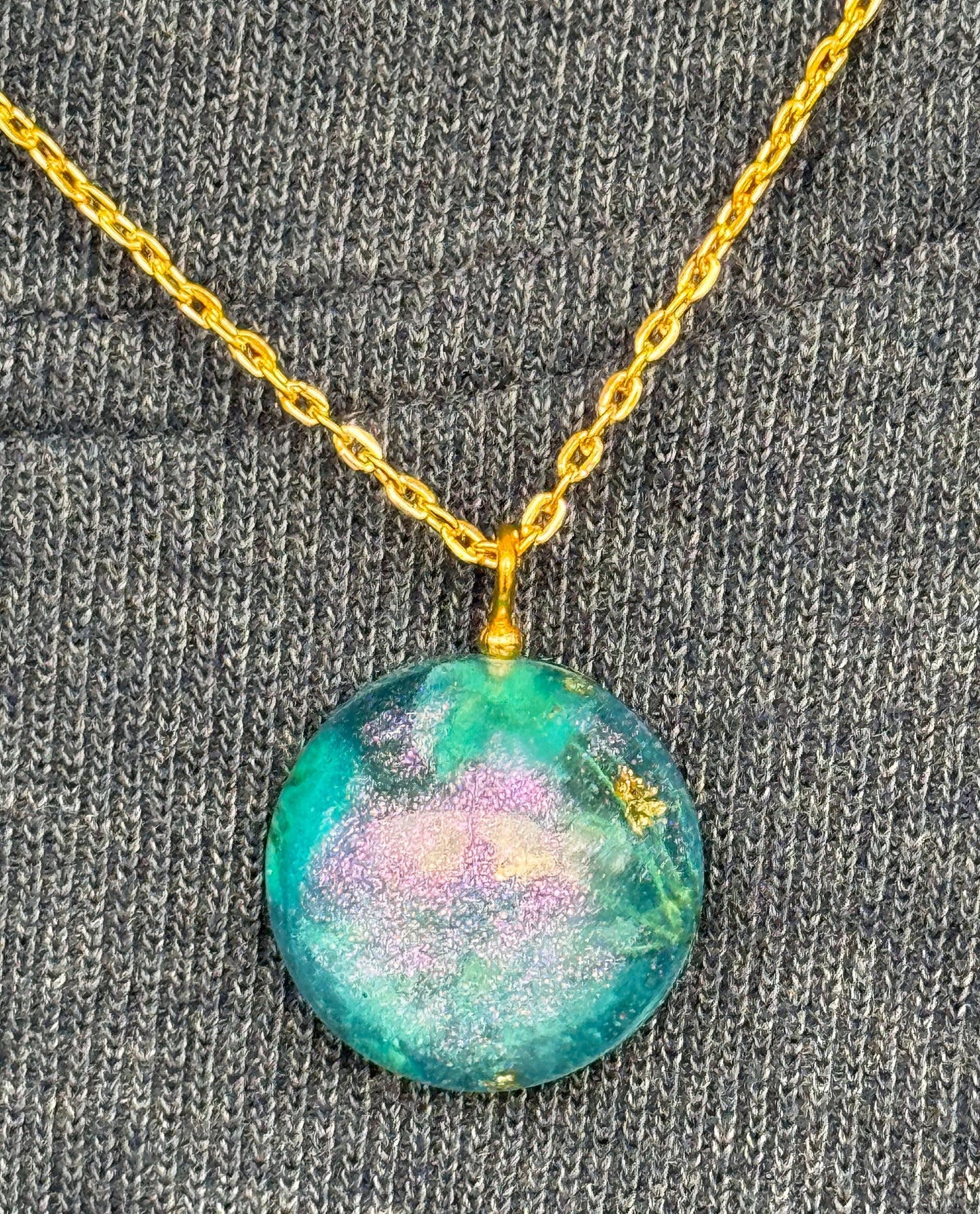 Blue Flower Purple Chameleon Flake and Gold Flake Half Sphere Pendant with Long Chain