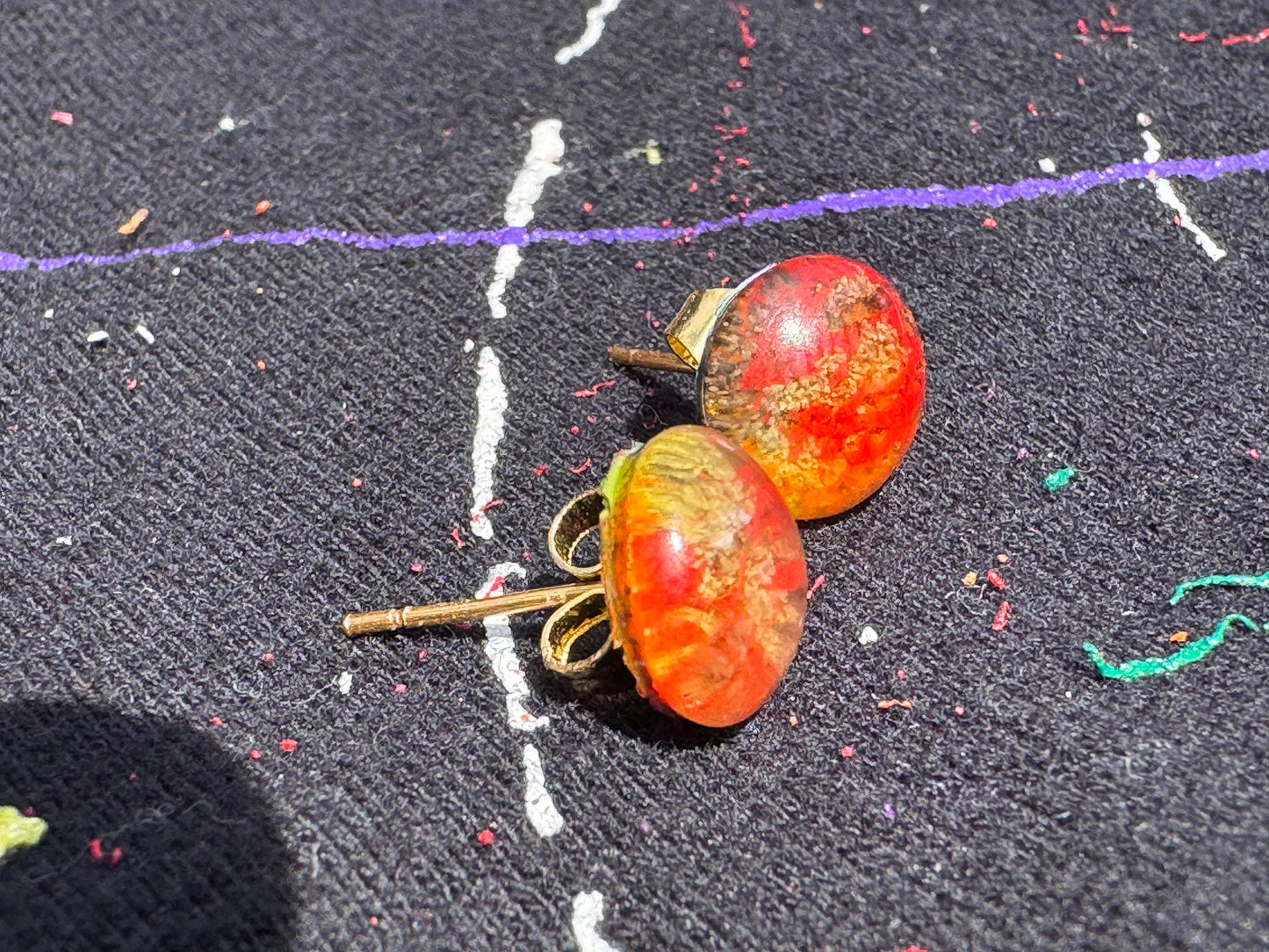 Mini 1 cm Red and Yellow Petri Style Half Sphere Stud Epoxy Resin Earrings with Gold Studs