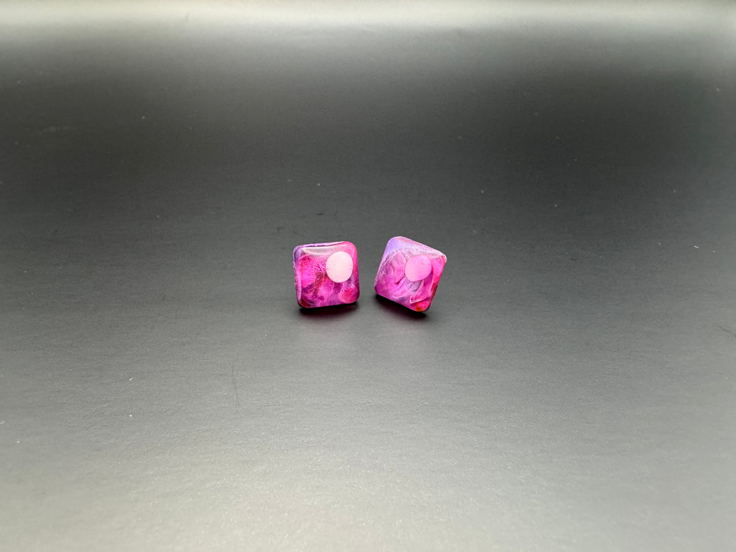 Small Pink White Spot Purple Rounded Square Petri Dish Stud Epoxy Resin Earrings with Gold Studs