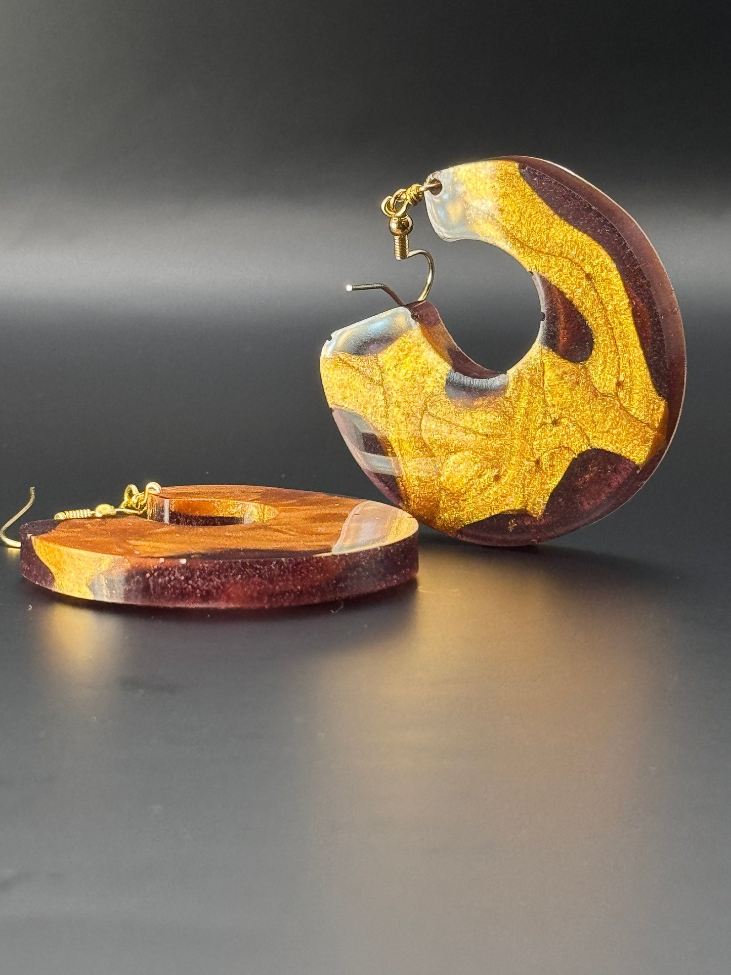 Purple and Metallic Gold Circle with Negative Space Translucent Handmade Epoxy Resin Earrings with Gold Hooks