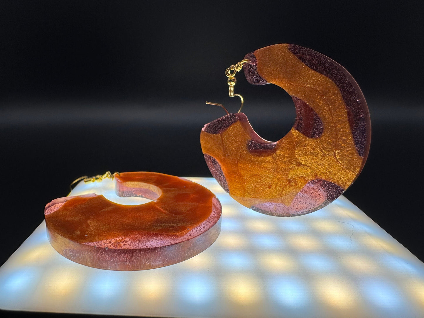 Purple and Metallic Gold Circle with Negative Space Translucent Handmade Epoxy Resin Earrings with Gold Hooks
