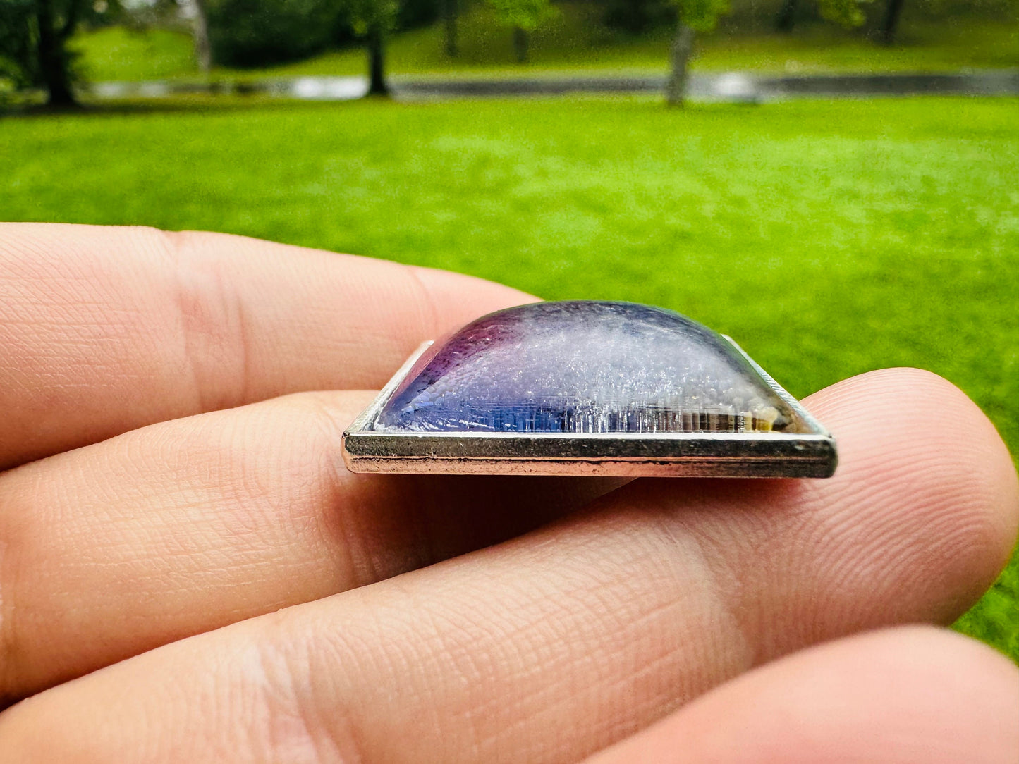 Square Blue and Purple Petri Cat Eye Resin Pendant on Silver Bezel with Long Silver Chain and Bezel