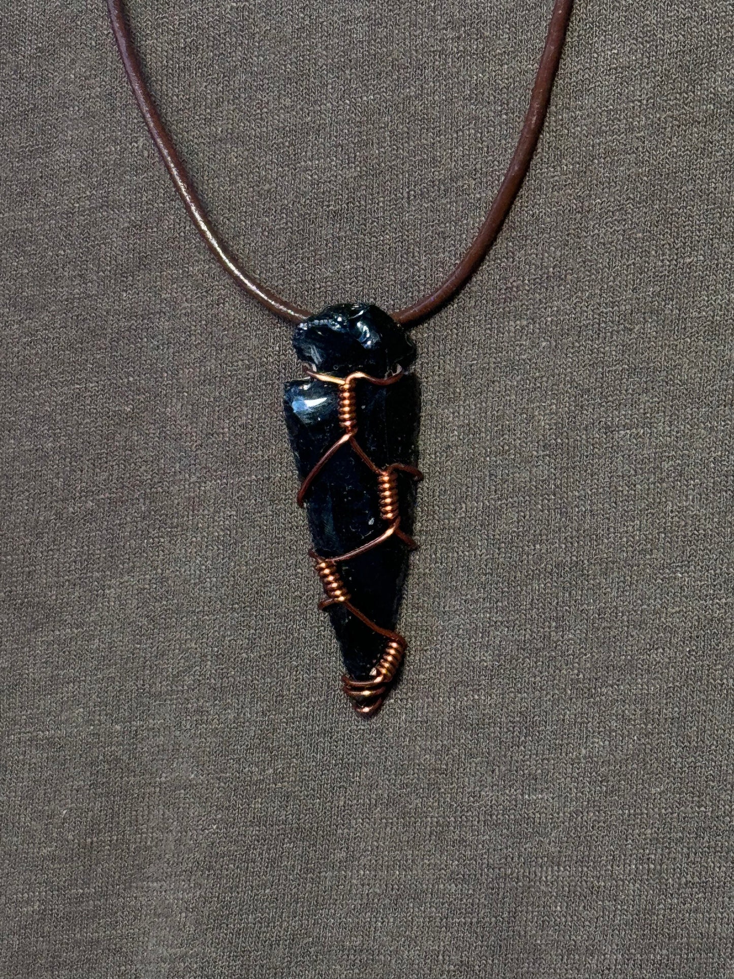 Black Smoky Quartz Copper Wire Wrapped Double Knot Leather Rope Necklace