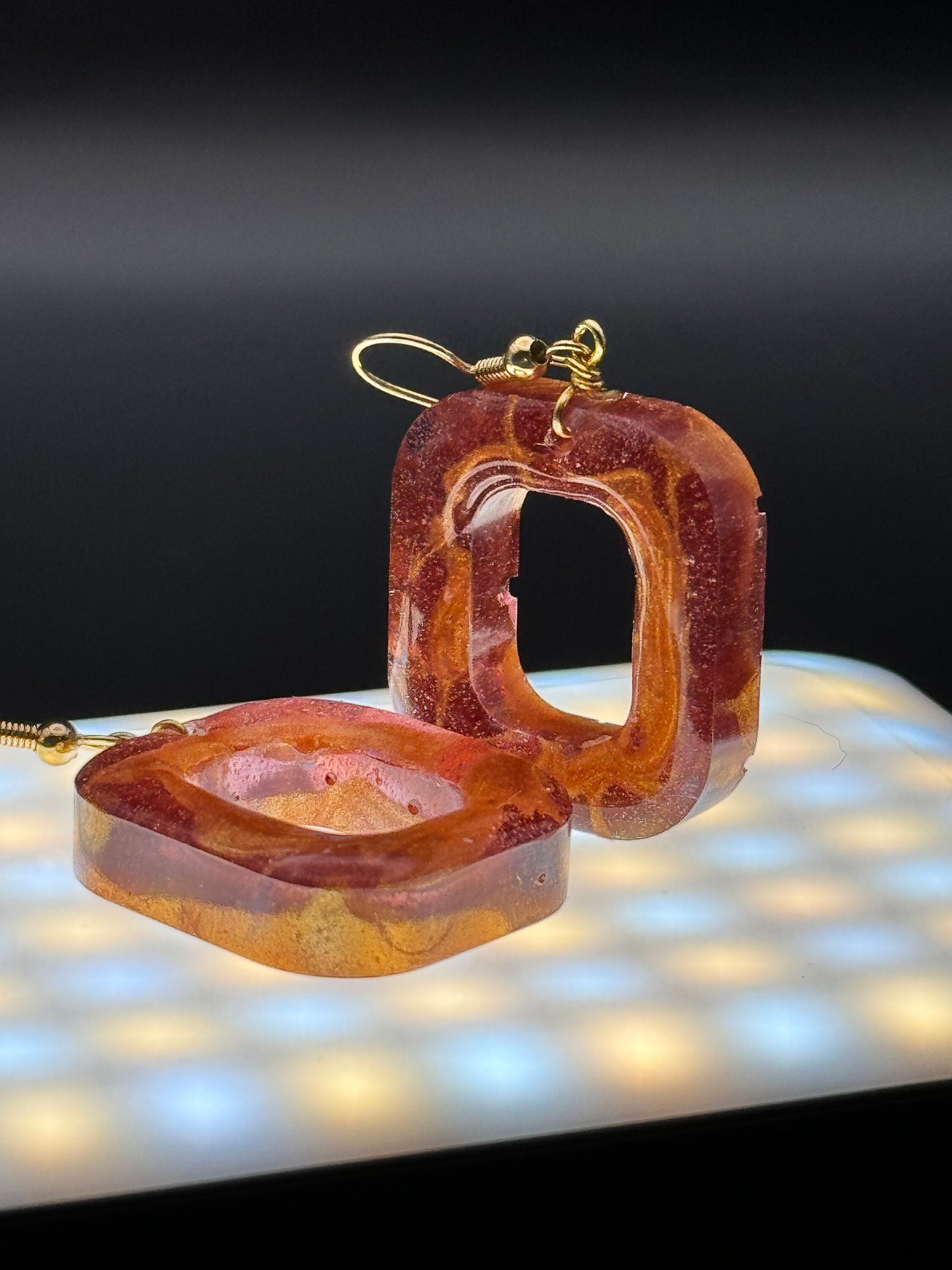 Square Translucent Purple and Metallic Gold Handmade Epoxy Resin Earrings with Gold Hooks