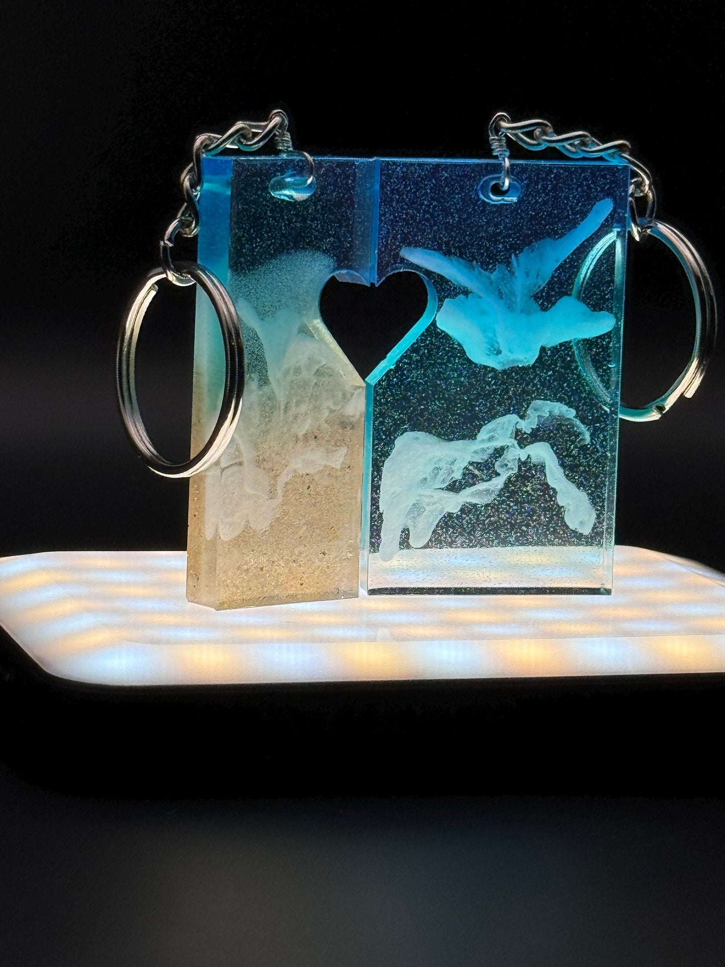 Ocean Blue Teal White Waves 2 Piece Rectangle Heart Charm with Real Sand Keychain Epoxy Resin