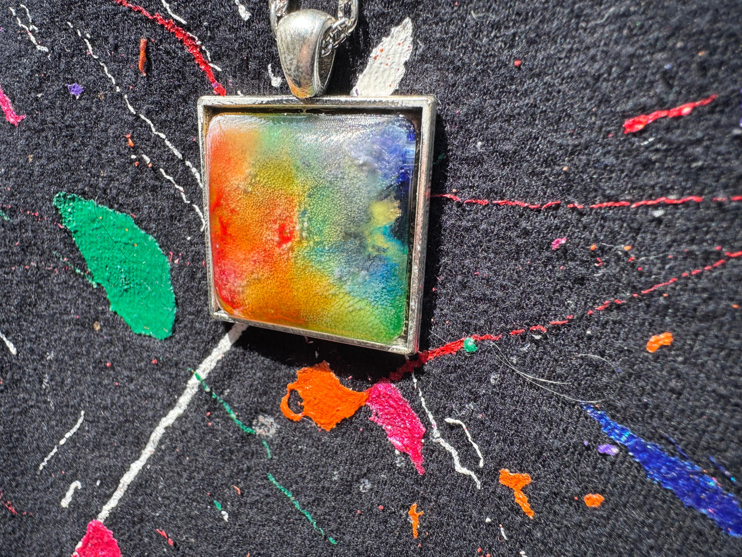 Square Rainbow Pride Petri Style Resin Pendant on Silver Bezel with Long Chain