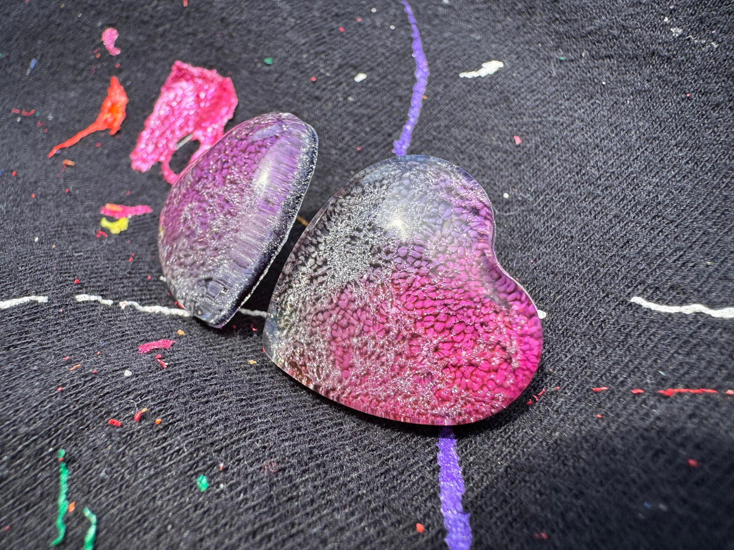 Blue and Pink Cat Eye Medium 2.5 cm Petri Style Heart Epoxy Resin Earrings with Gold Studs