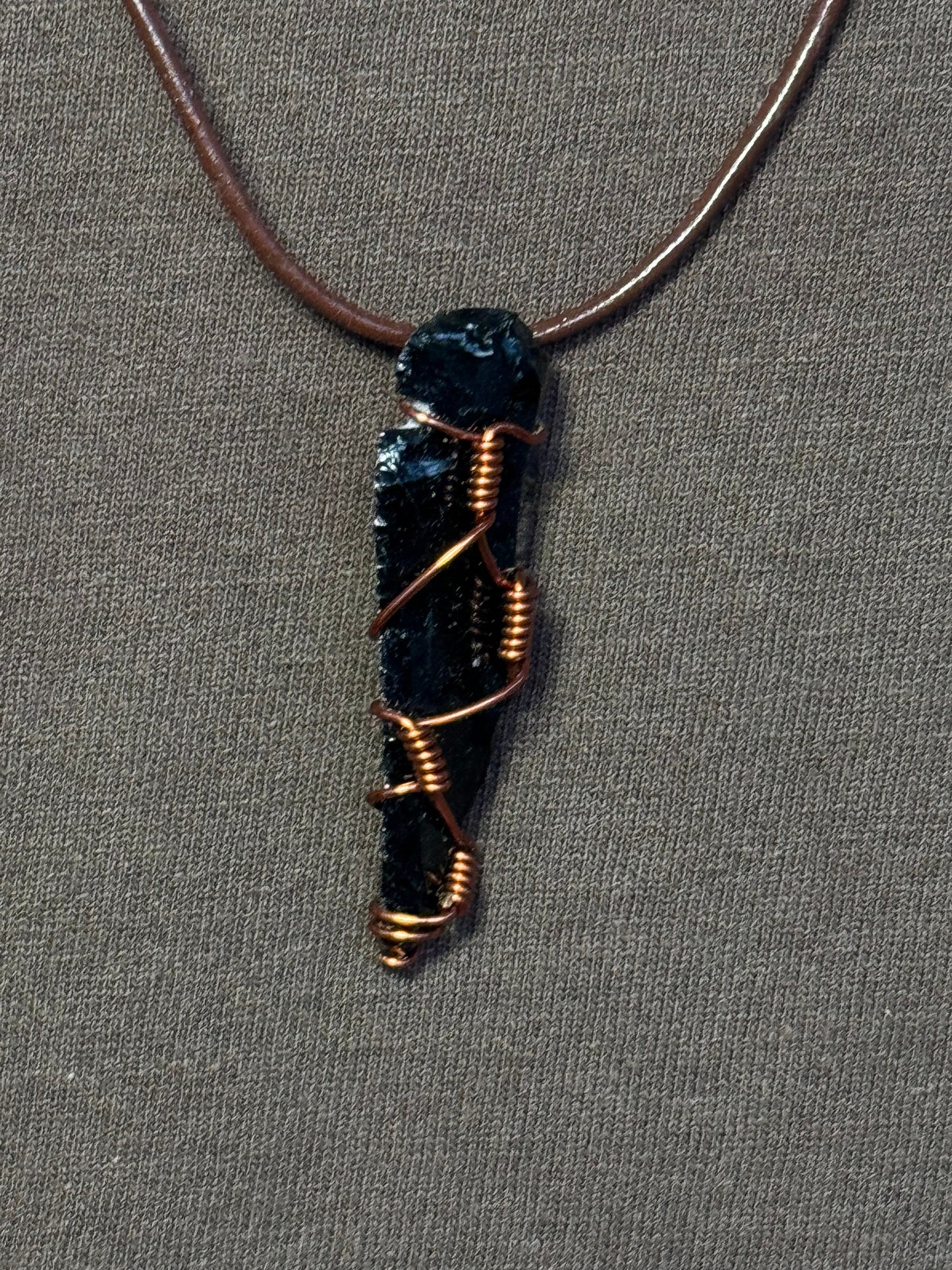 Black Smoky Quartz Copper Wire Wrapped Double Knot Leather Rope Necklace