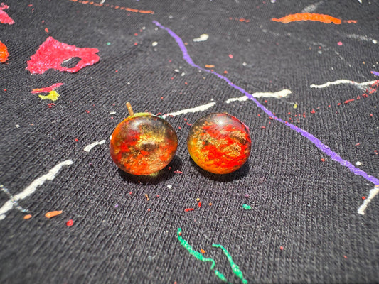 Mini 1 cm Red and Yellow Petri Style Half Sphere Stud Epoxy Resin Earrings with Gold Studs