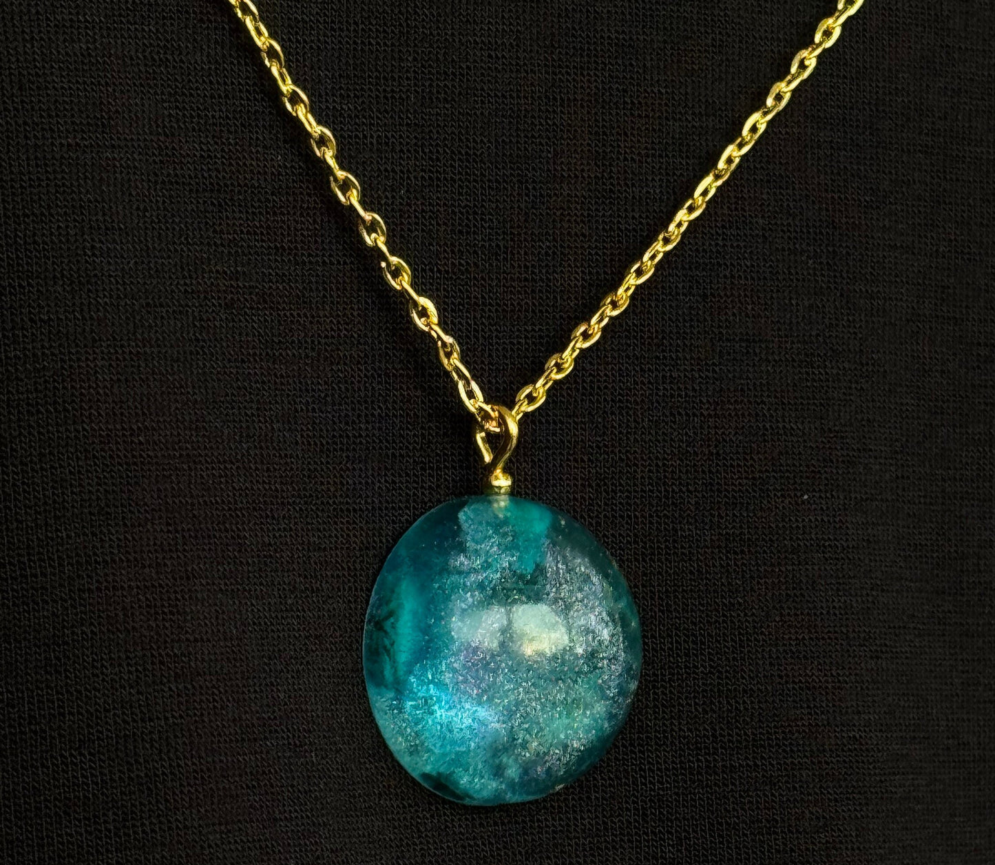 Blue Flower Purple Chameleon Flake and Gold Flake Half Sphere Pendant with Long Chain