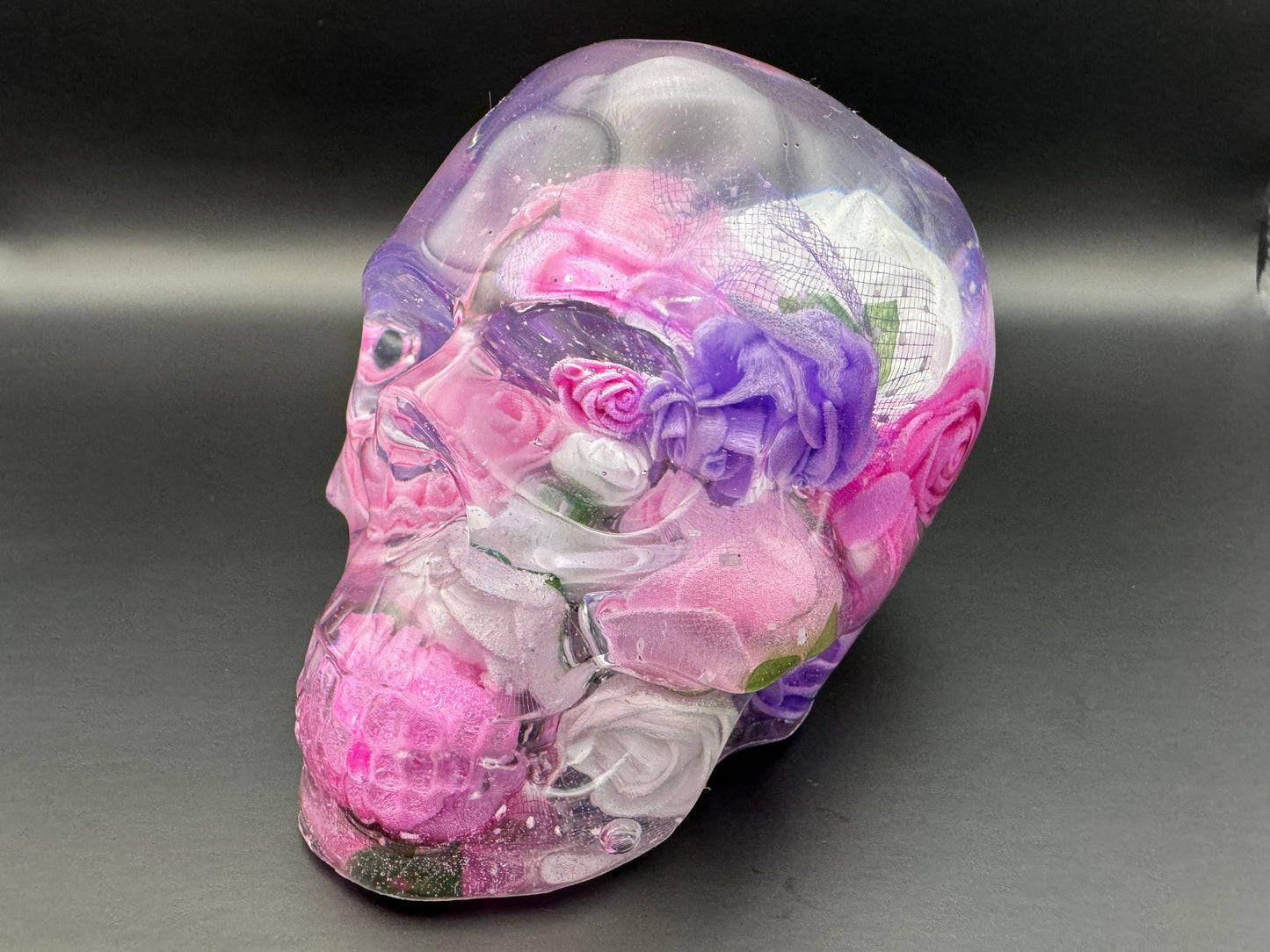Clear Large Epoxy Resin Skull Pink, Hot Pink, Purple, and White Roses