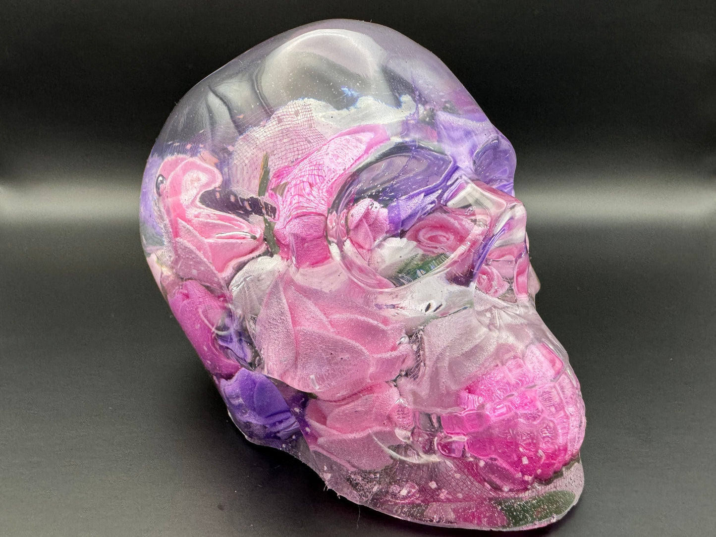 Clear Large Epoxy Resin Skull Pink, Hot Pink, Purple, and White Roses