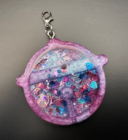Blue and Pink Circular Resin Shaker with Pink and Blue Chunky Heart Star and Hexagonal Glitter Silver Keychain