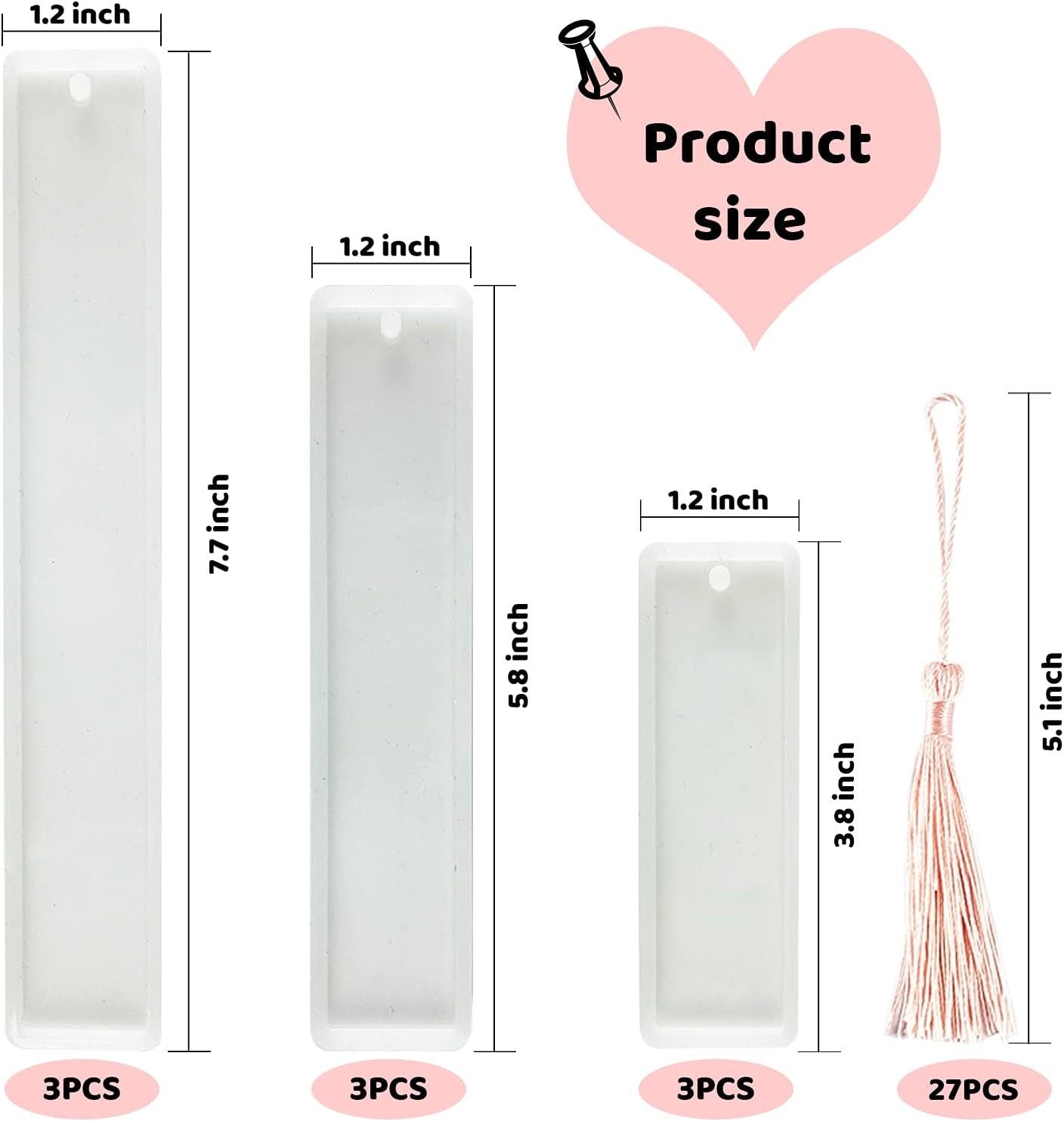 1.2 x 7.7 Pink White and Clear Bookmark with Pink Tassel