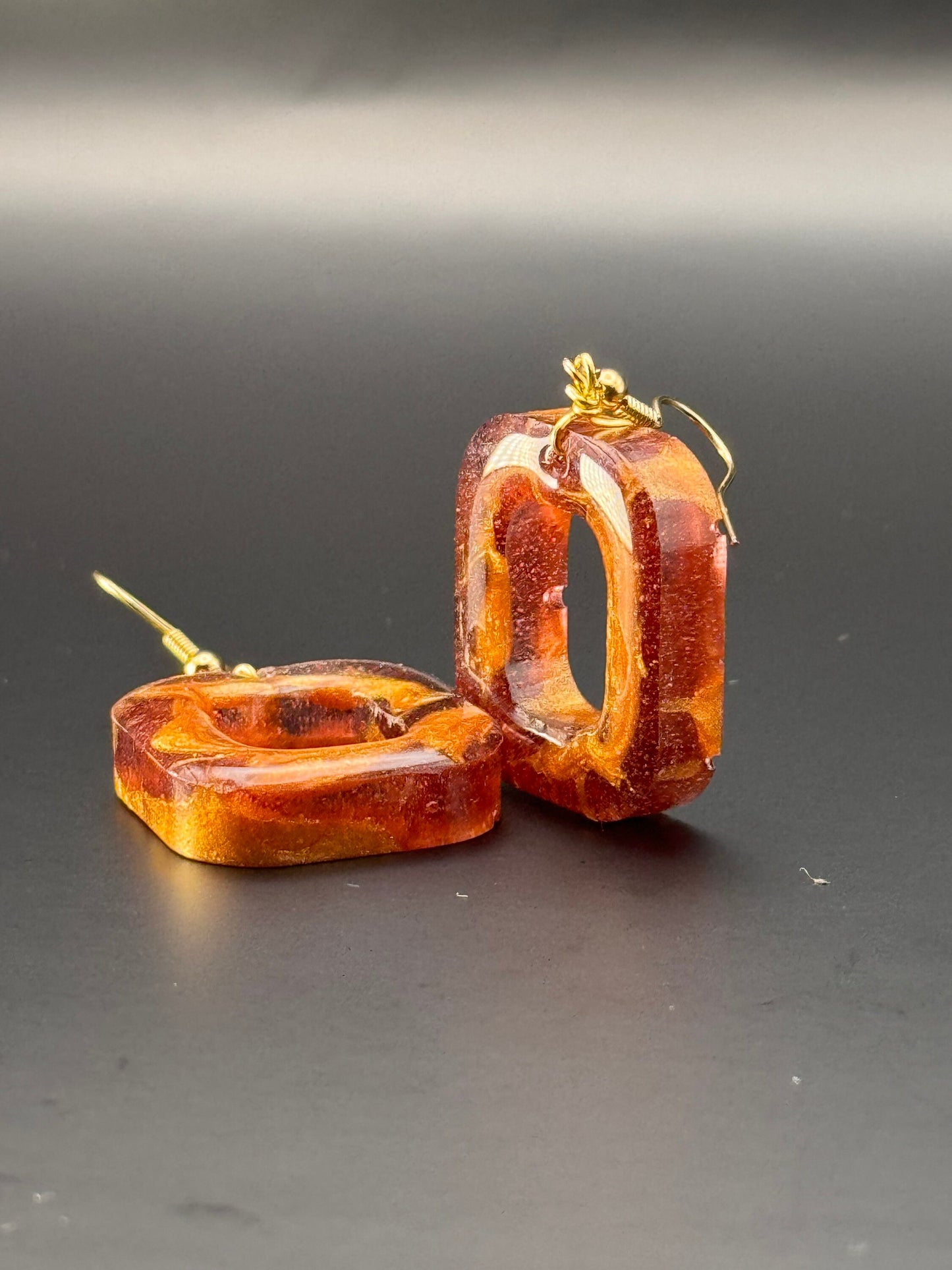 Square Translucent Purple and Metallic Gold Handmade Epoxy Resin Earrings with Gold Hooks