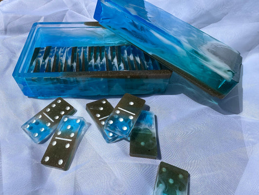 Ocean Beach with REAL SAND 29 Piece Domino Set with Storage Box Water Waves Epoxy Resin