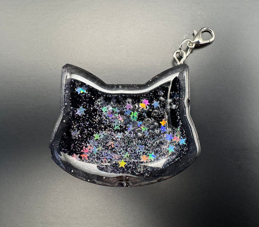 Black Cat Holographic Stars Glitter Resin Shaker with Silver Keychain