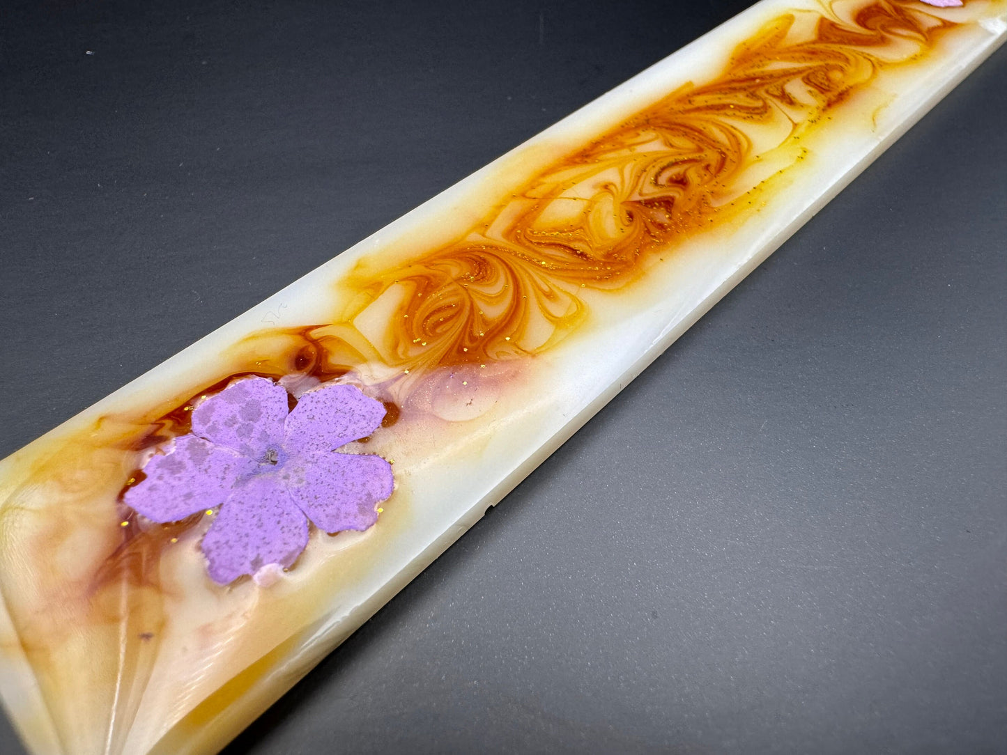 1.2 x 7.7 Bookmark Dried Red Flowers with Gold Leaf in White Swirled Golden Orange