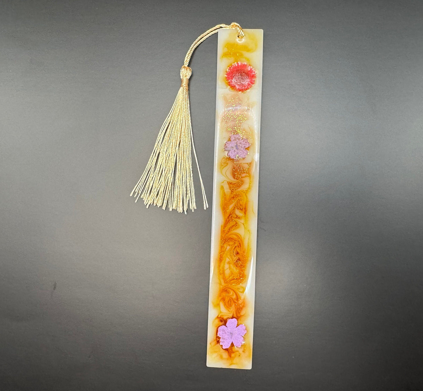 1.2 x 7.7 Bookmark Dried Red Flowers with Gold Leaf in White Swirled Golden Orange