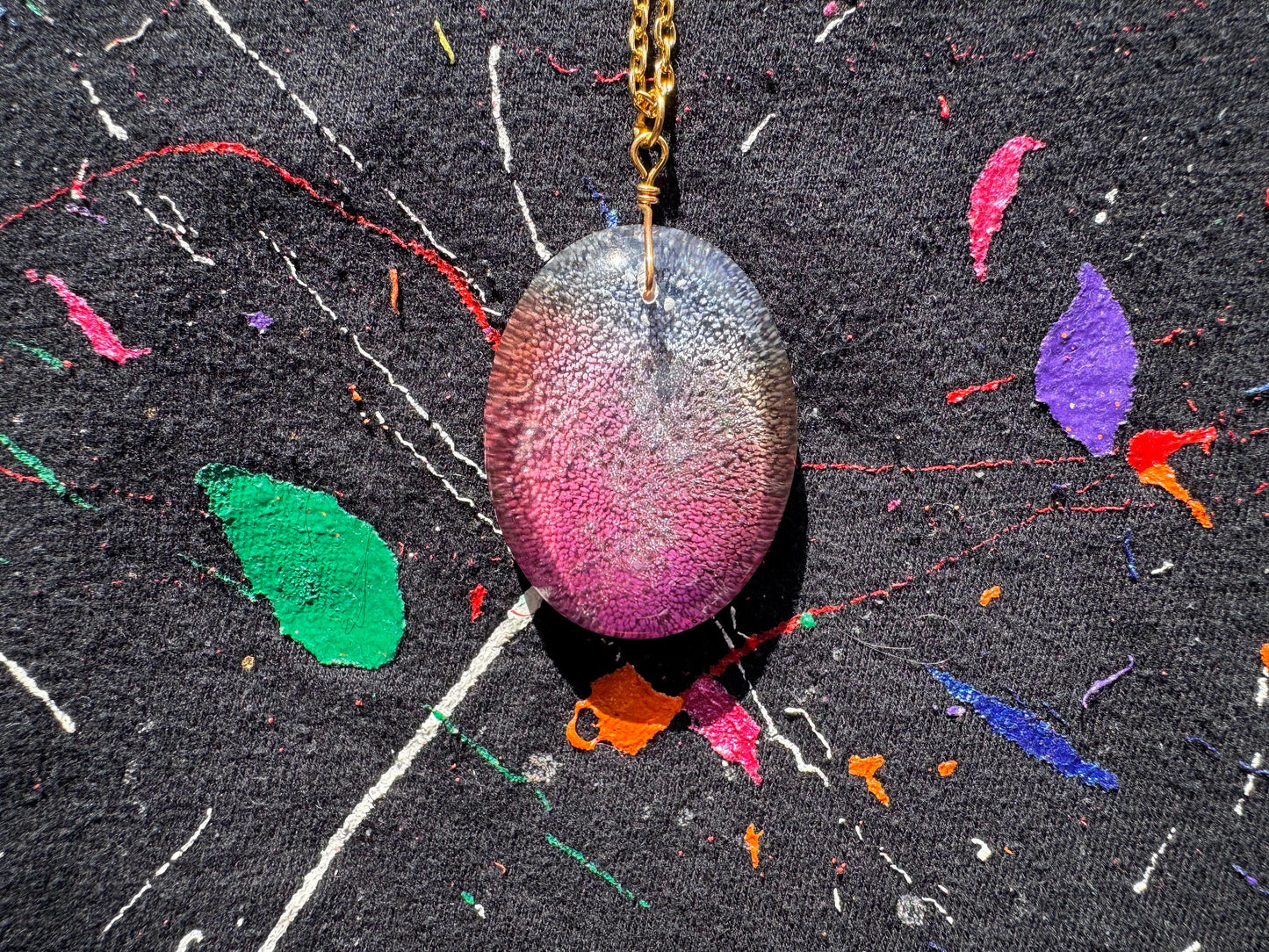 Pink and Blue Petri Cat Eye in Clear Half Oval Epoxy Resin Long Gold Chain Pendant