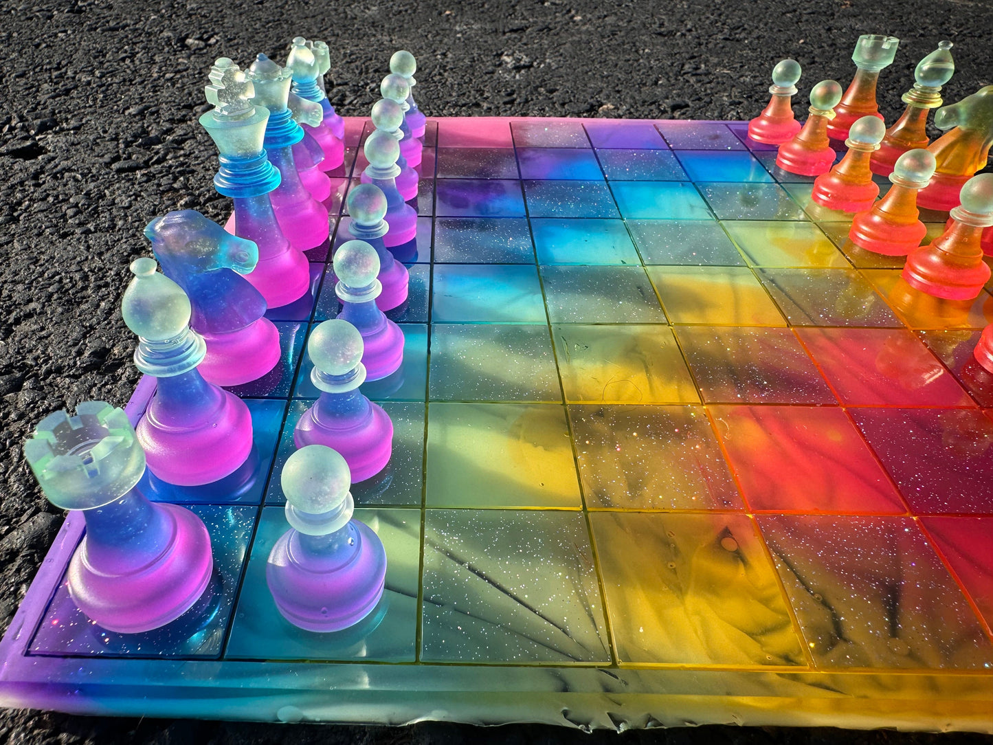 11 inch x 11 inch Pride Translucent Rainbow Epoxy Resin Chess Board and Chess Pieces