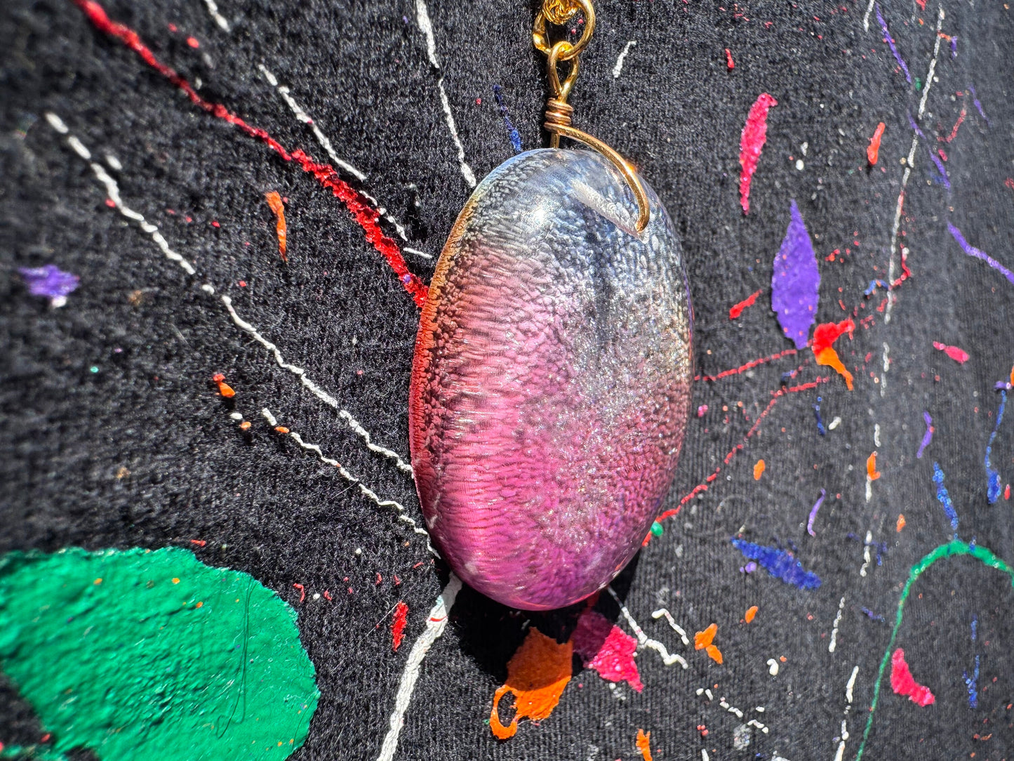 Pink and Blue Petri Cat Eye in Clear Half Oval Epoxy Resin Long Gold Chain Pendant