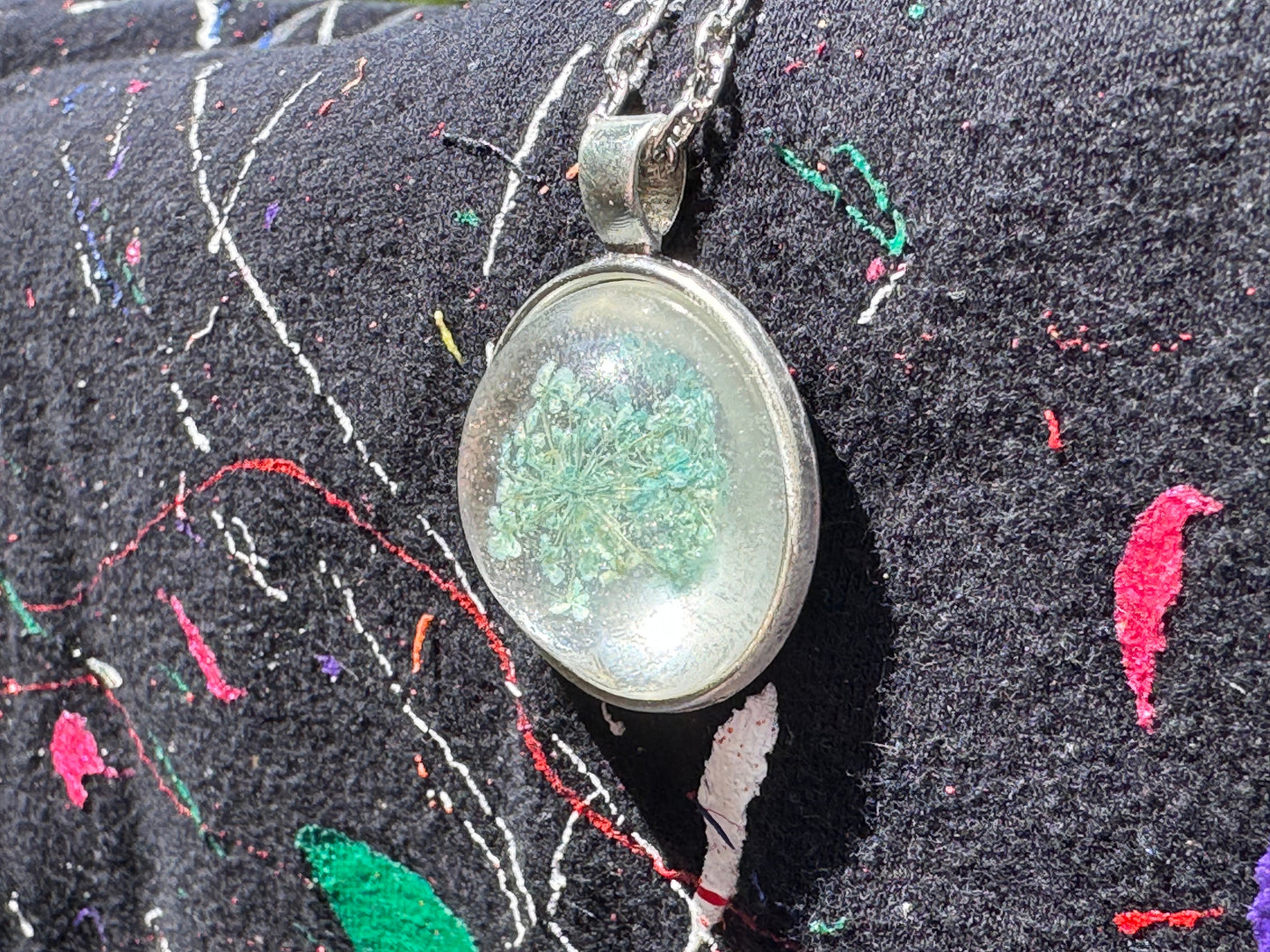 Baby Blue Dried Flower in Clear Half Sphere Pendant with Long Silver Chain and Bezel