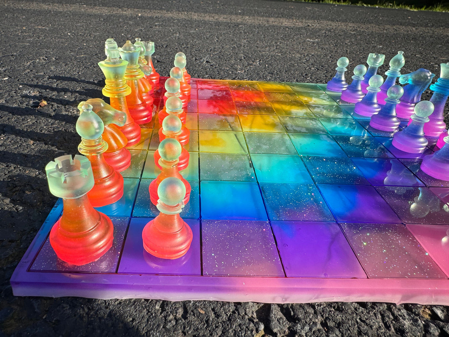 11 inch x 11 inch Pride Translucent Rainbow Epoxy Resin Chess Board and Chess Pieces