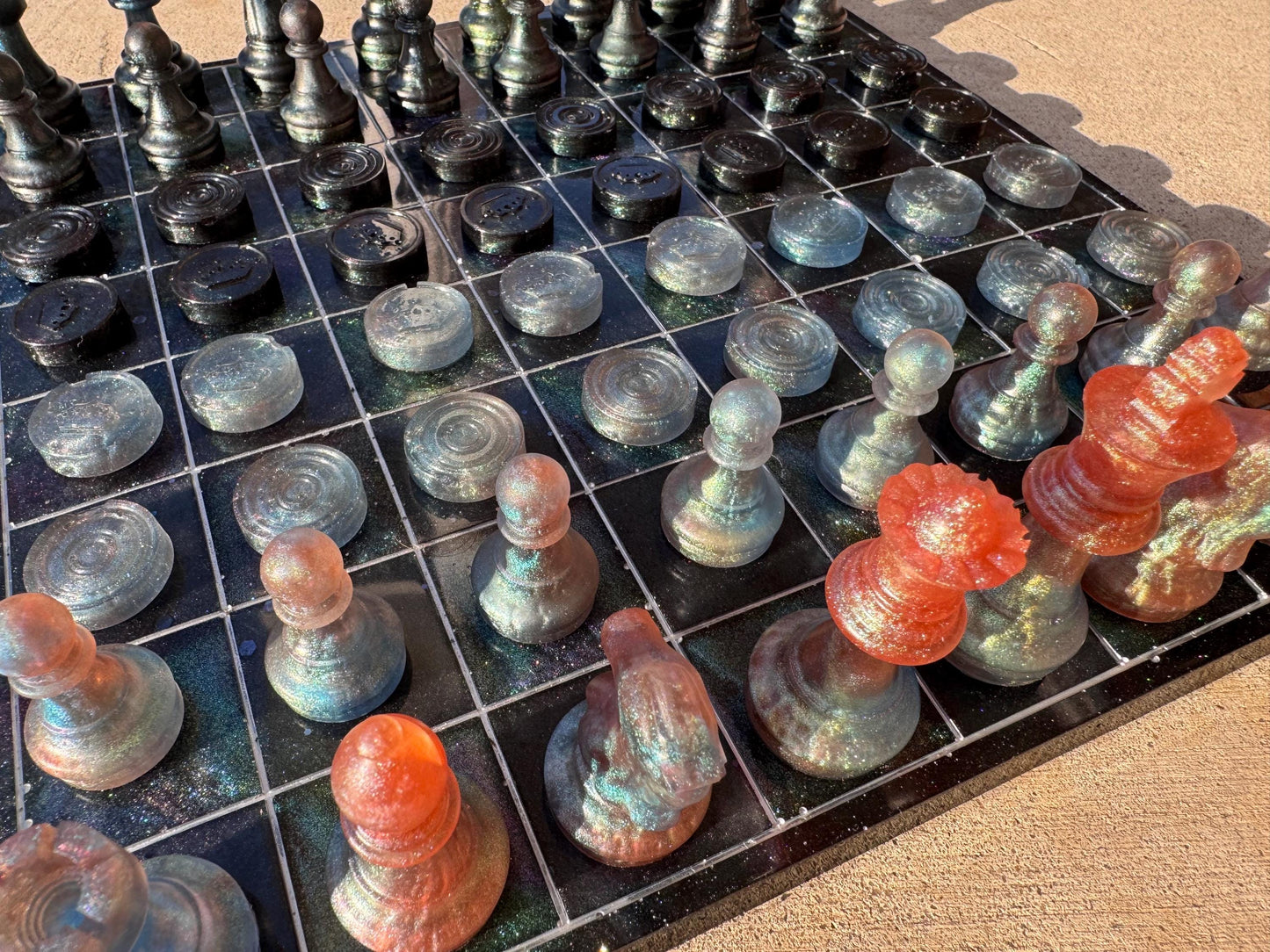 11 inch x 11 inch Space Galaxy Multichrome Epoxy Resin Chess/Checkers Board and Chess/Checkers Pieces