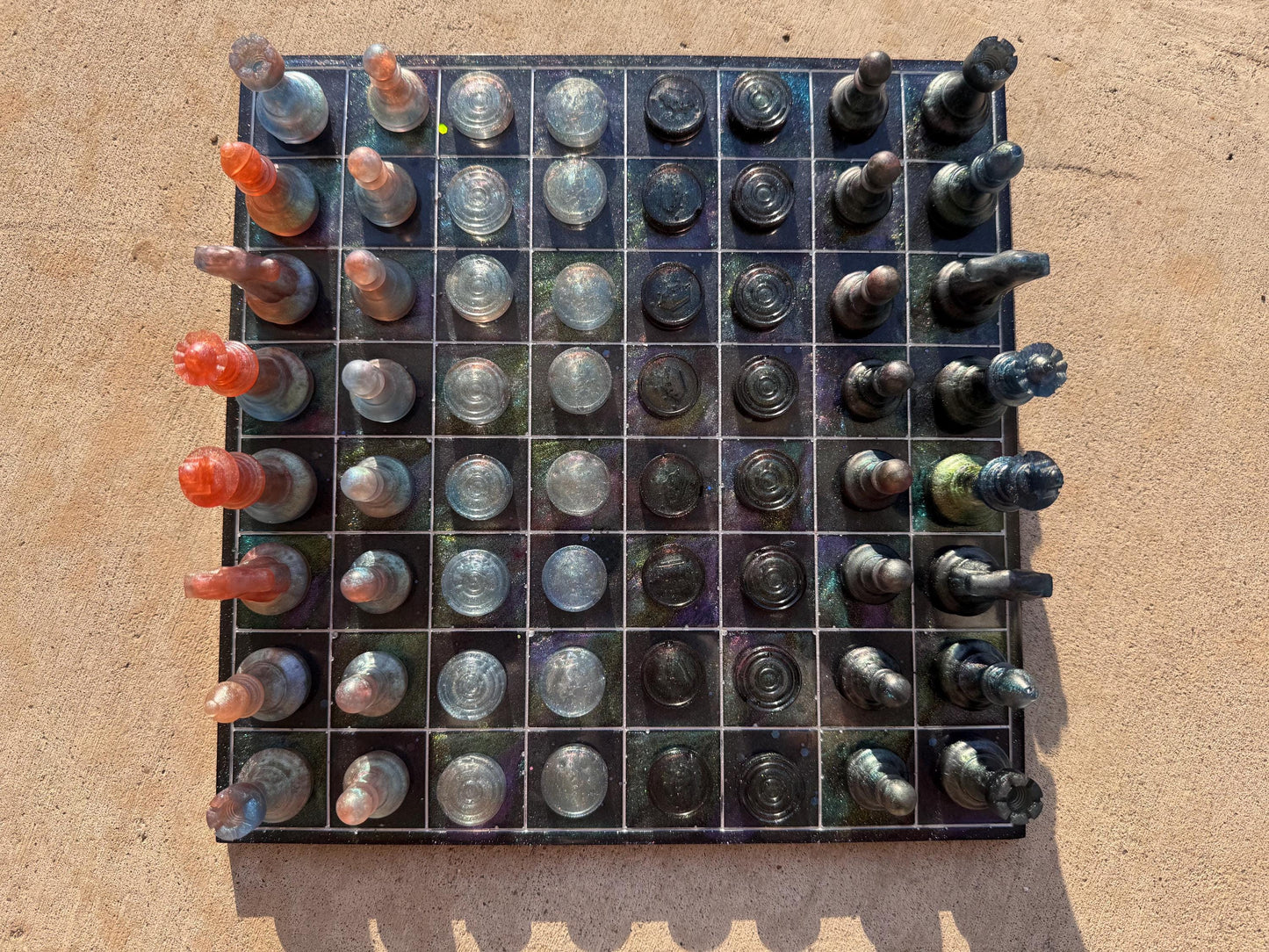 11 inch x 11 inch Space Galaxy Multichrome Epoxy Resin Chess/Checkers Board and Chess/Checkers Pieces
