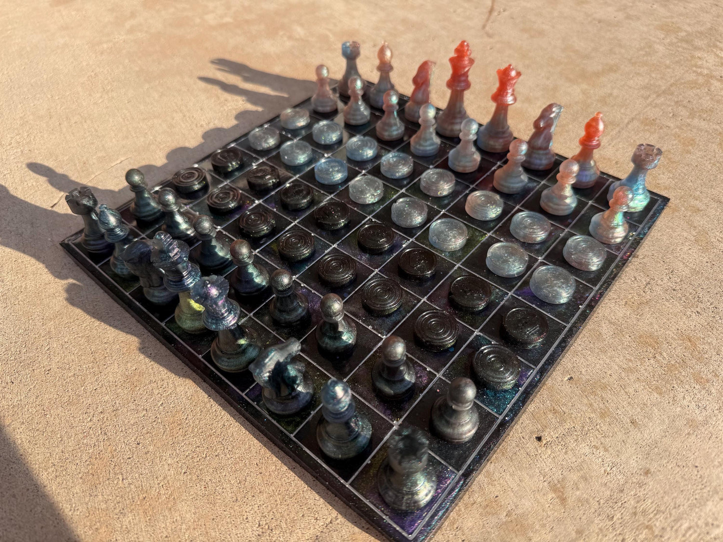 11 inch x 11 inch Space Galaxy Multichrome Epoxy Resin Chess/Checkers Board and Chess/Checkers Pieces
