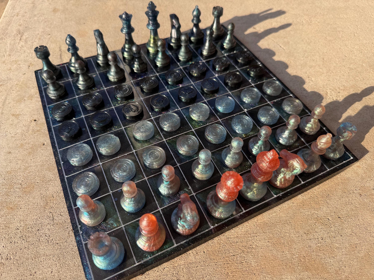 11 inch x 11 inch Space Galaxy Multichrome Epoxy Resin Chess/Checkers Board and Chess/Checkers Pieces