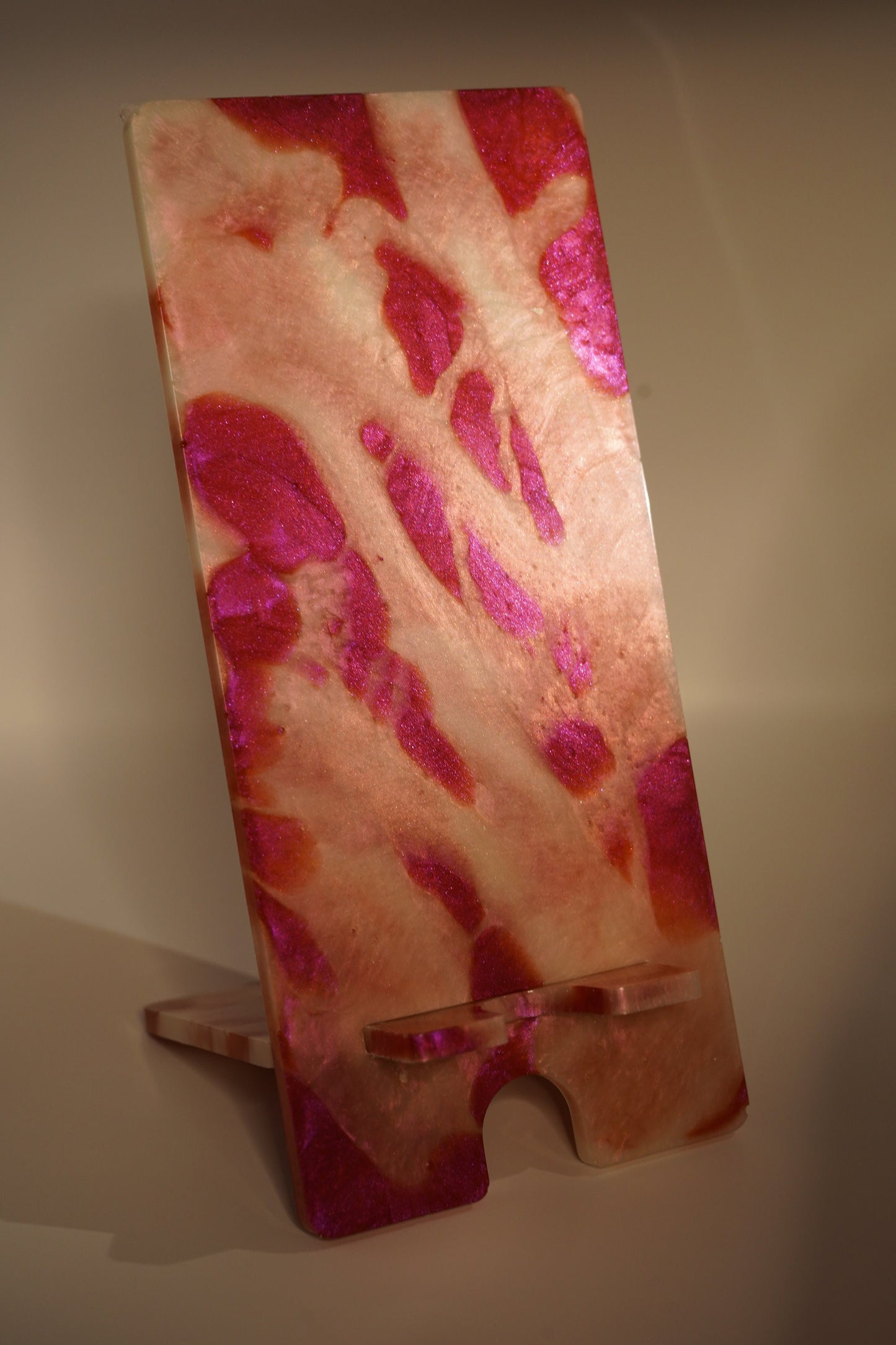 Red Pink and White Marbled Tabletop Phone Stand Epoxy Resin Duochrome