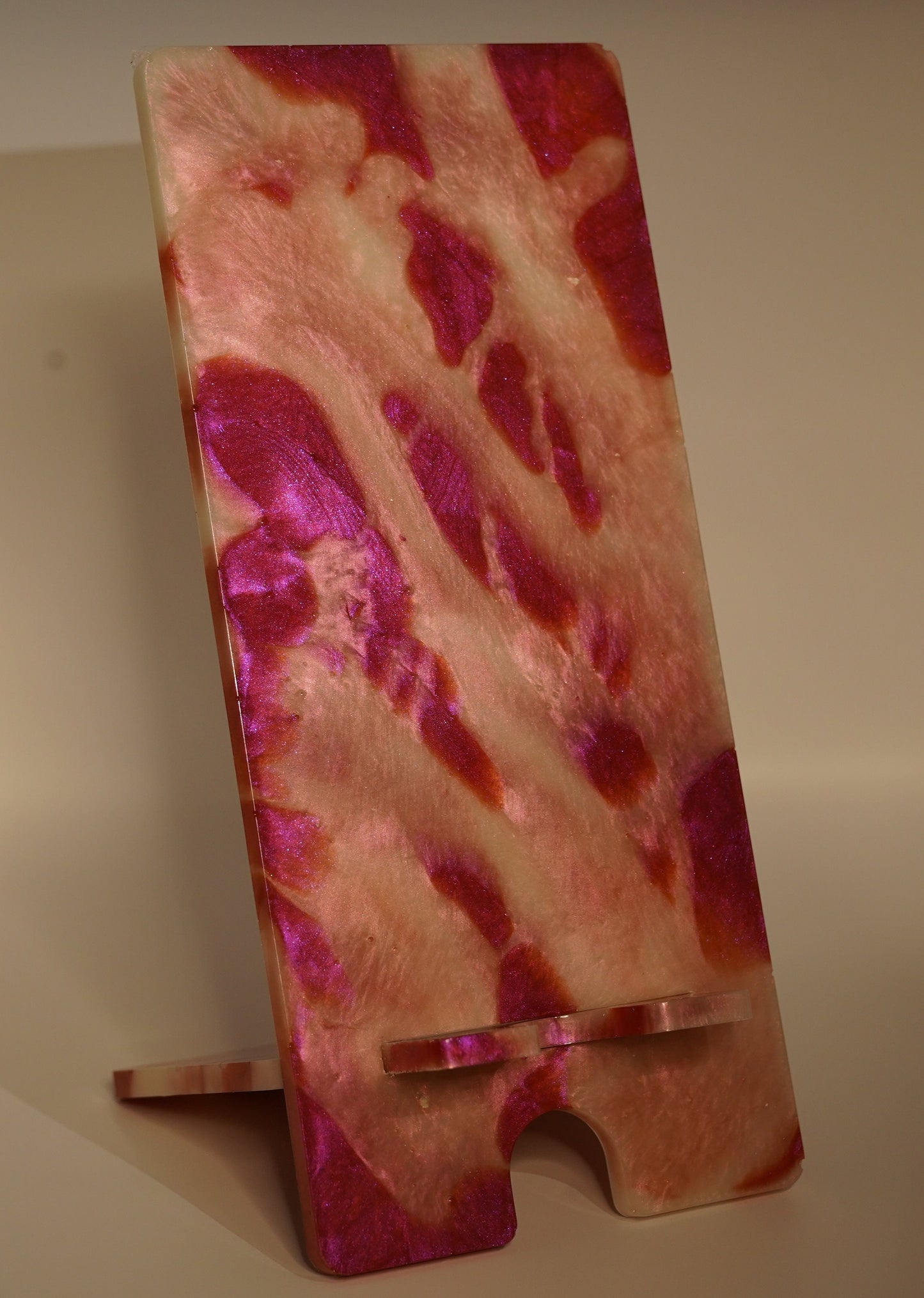 Red Pink and White Marbled Tabletop Phone Stand Epoxy Resin Duochrome