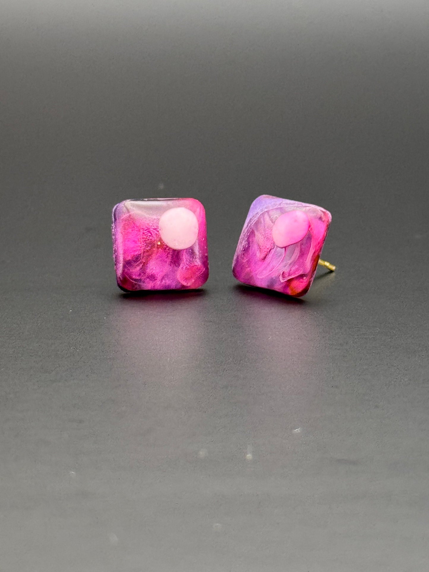 Small Pink White Spot Purple Rounded Square Petri Dish Stud Epoxy Resin Earrings with Gold Studs